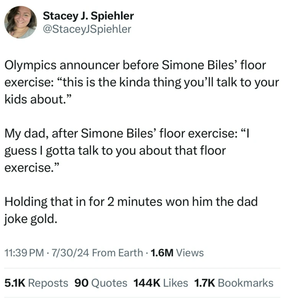 document - Stacey J. Spiehler Olympics announcer before Simone Biles' floor exercise "this is the kinda thing you'll talk to your kids about." My dad, after Simone Biles' floor exercise "I guess I gotta talk to you about that floor exercise." Holding that